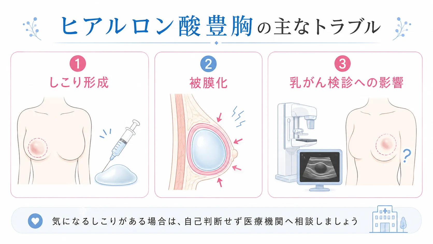 ヒアルロン酸豊胸のトラブル│しこり、被膜化、乳がん検診への影響のイラスト画像