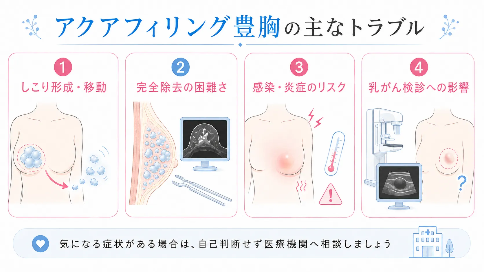 アクアフィリング豊胸のトラブル│しこり形成・移動、完全除去の困難さ、感染・炎症のリスク、乳がん検診への影響のイラスト画像